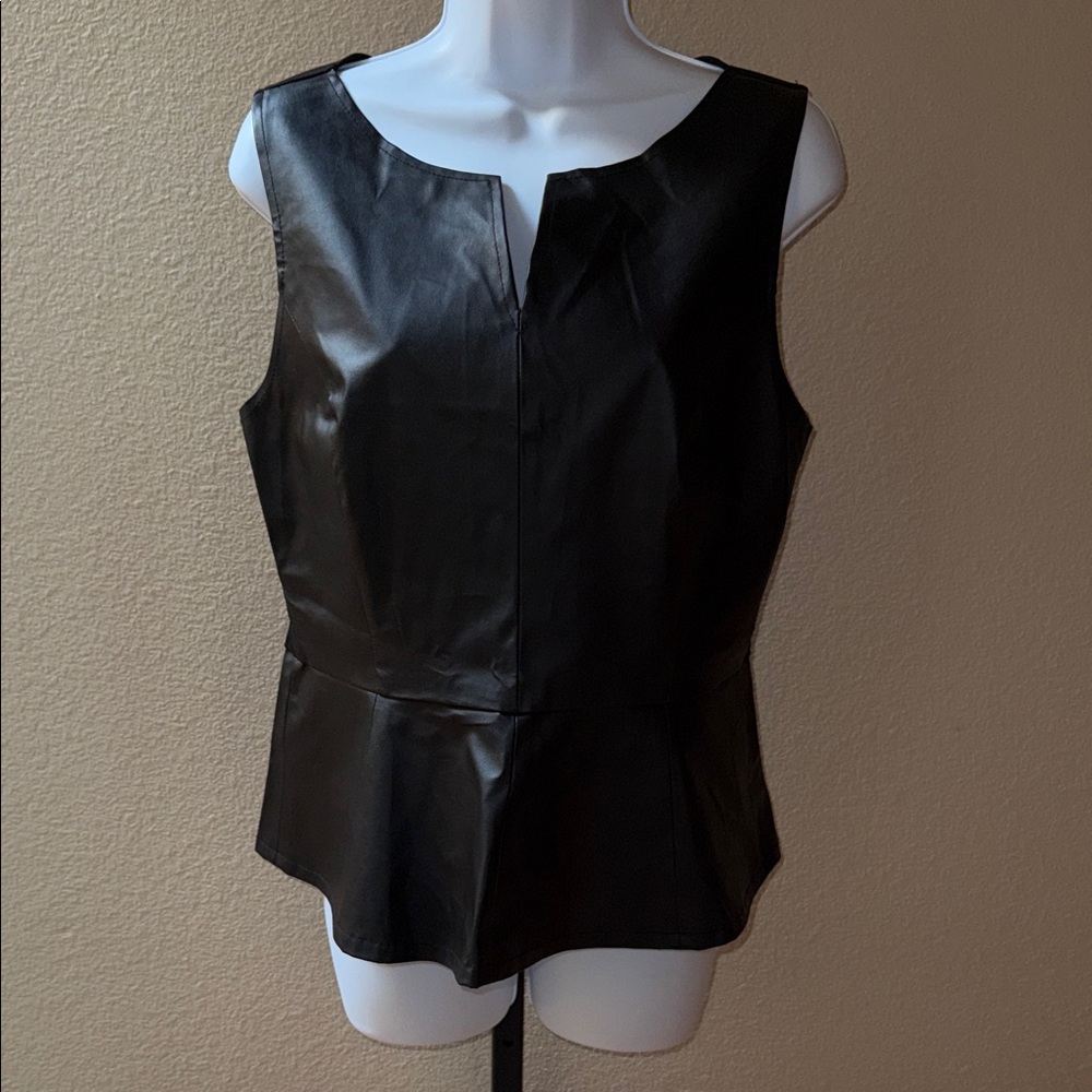 Chelsea & Violet Black Sleeveless Faux Leather Peplum Zip Up Back Top Size L